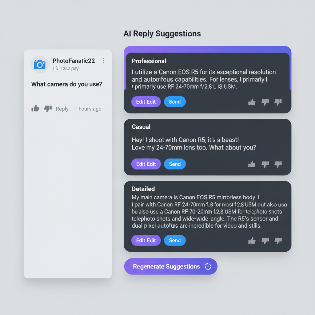 AI comment reply assistant interface showing suggested responses and editing options