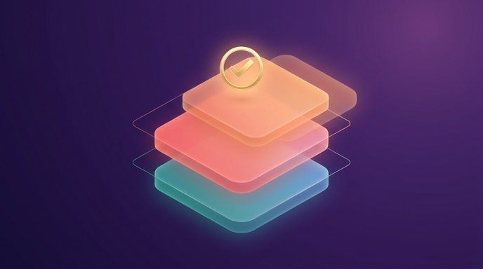 Abstract geometric layered shapes representing stacked disclosure surfaces from in-video to comments