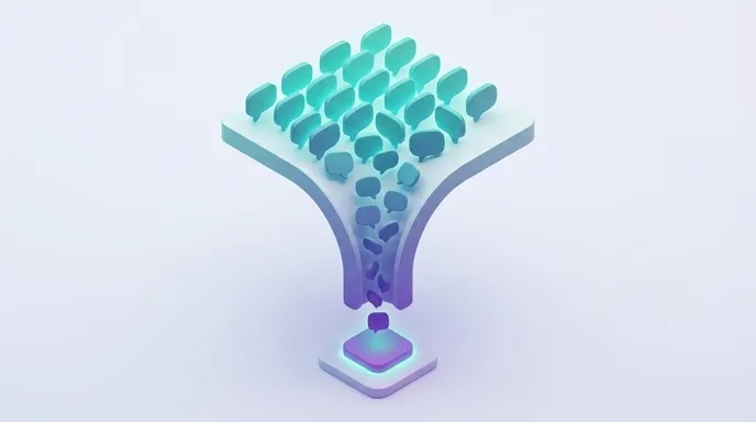 Funnel illustration of many comment bubbles narrowing down to a single highlighted booked-call shape