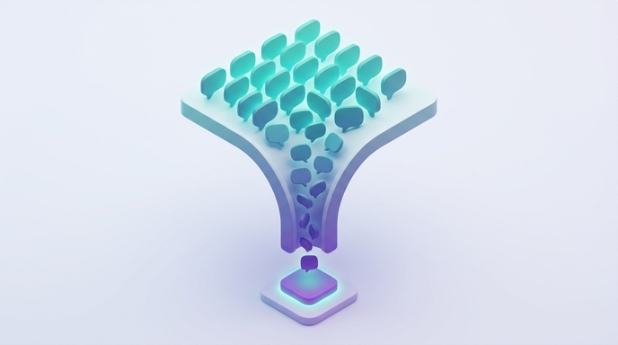 Funnel illustration of many comment bubbles narrowing down to a single highlighted booked-call shape