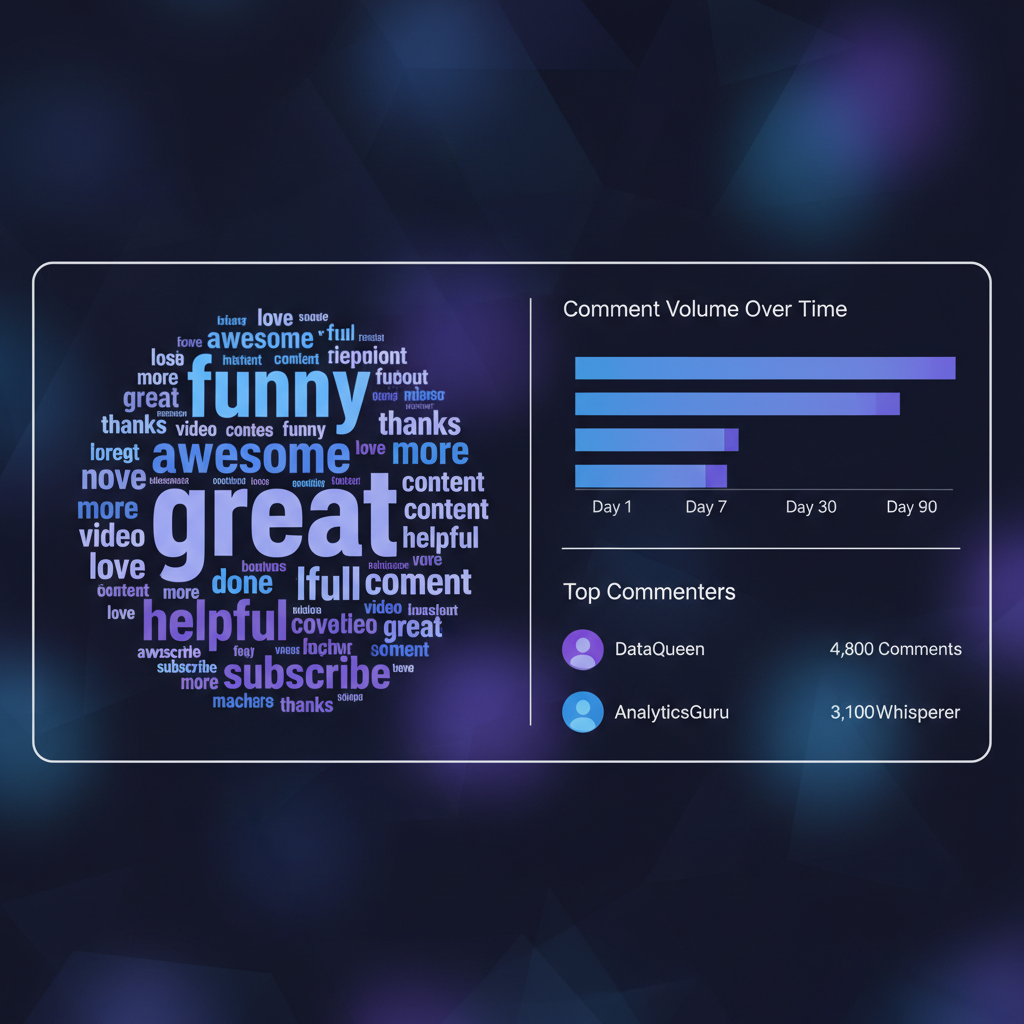Analytics dashboard showing YouTube comment insights and word clouds