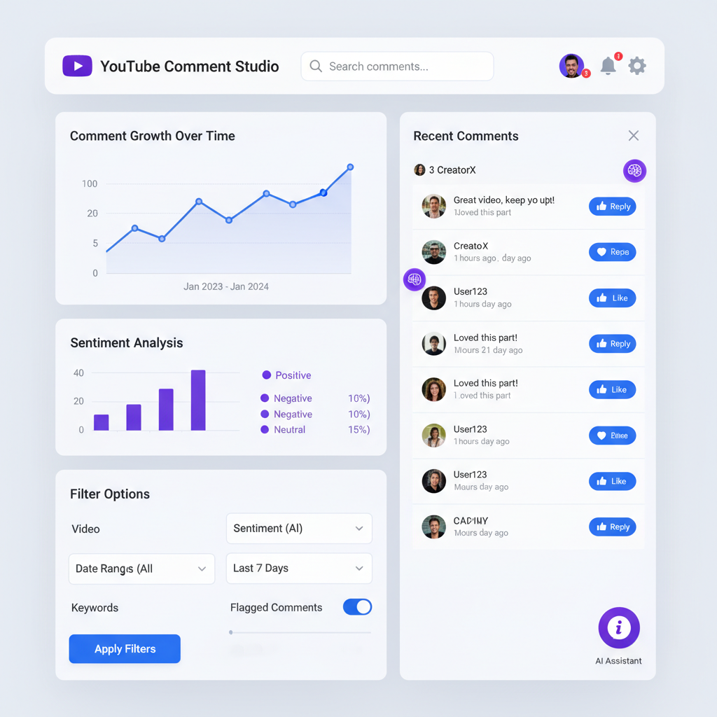 Dashboard showing YouTube comment management tools and analytics