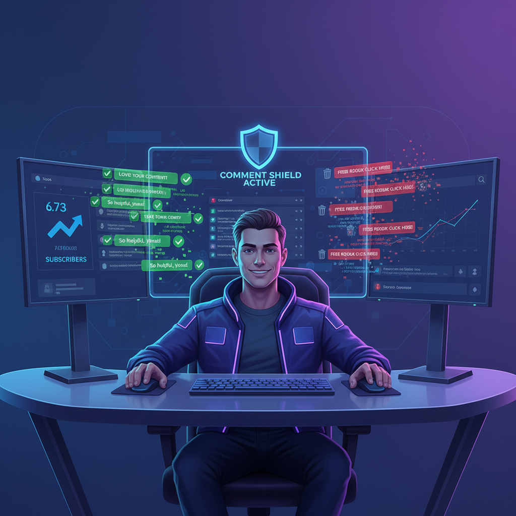 YouTube creator managing comments with moderation tools, filtering spam and fostering positive community