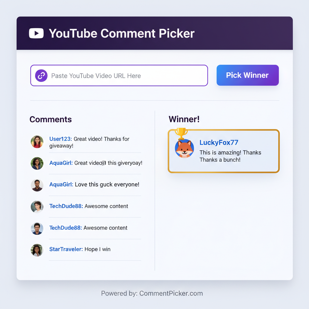 Screenshot of CommentShark random comment picker interface showing YouTube video URL input and winner selection