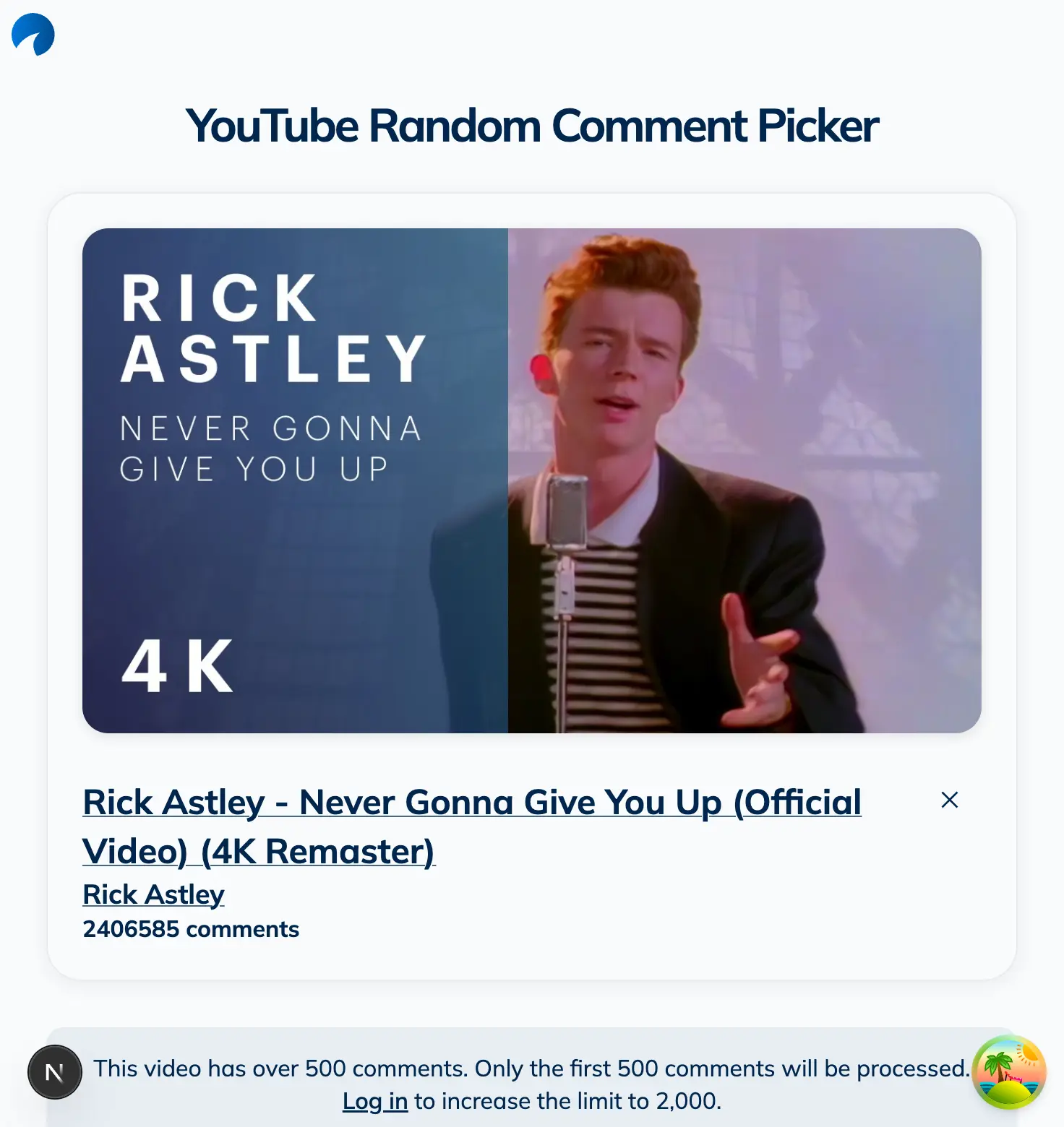 Screenshot of CommentShark random comment picker interface showing YouTube video URL input and winner selection