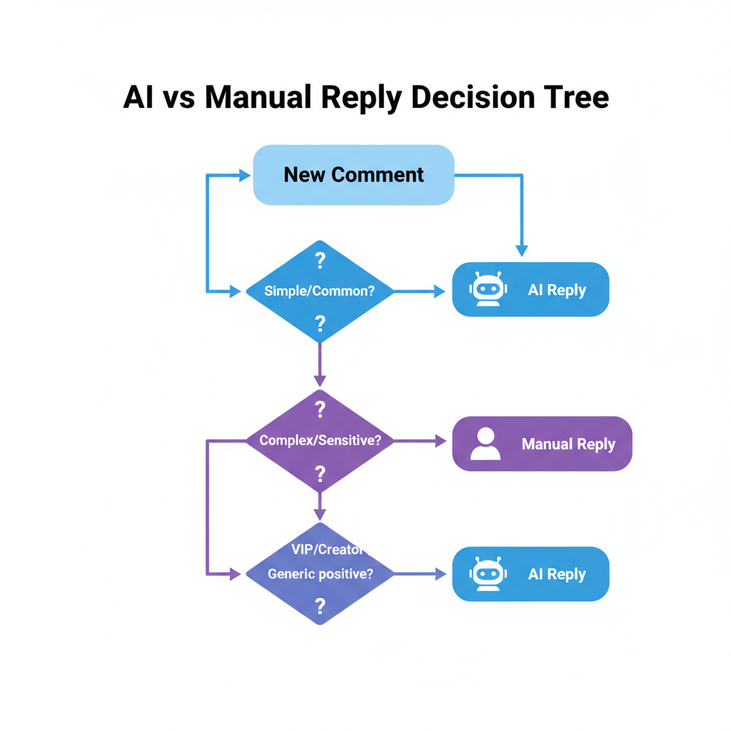 Flowchart showing when to use AI vs manual replies for YouTube comments
