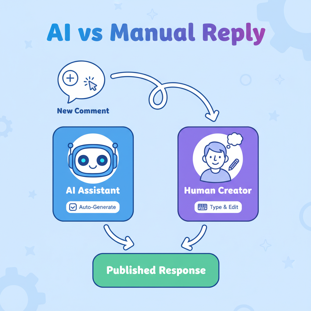 Flowchart showing when to use AI vs manual replies for YouTube comments