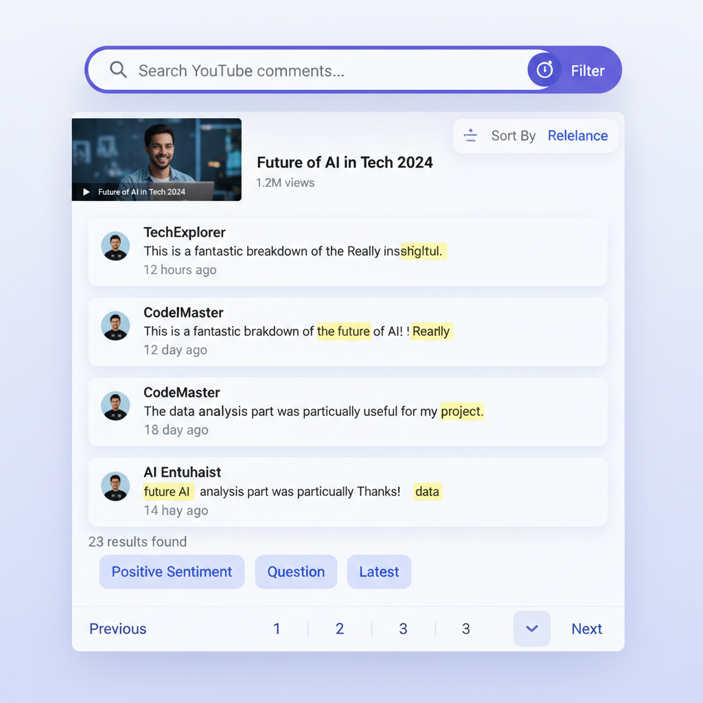 Screenshot of YouTube comment search tool showing keyword filtering and search results