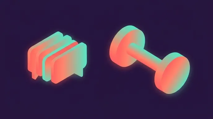 Abstract dumbbell shape beside a stack of repeating comment bubbles, representing repetitive fitness questions answered automatically
