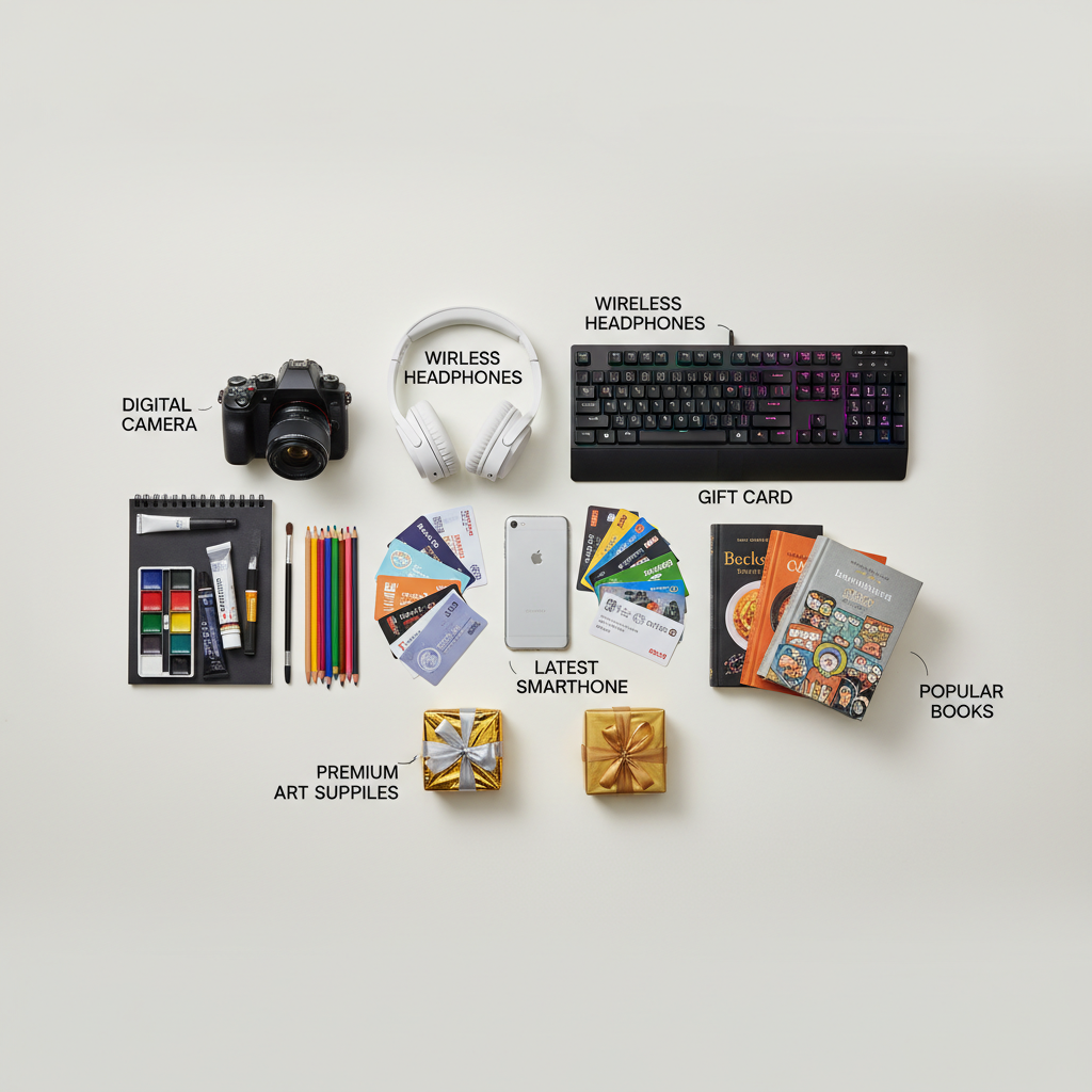 Various YouTube giveaway prize examples including tech gadgets, gift cards, and branded merchandise