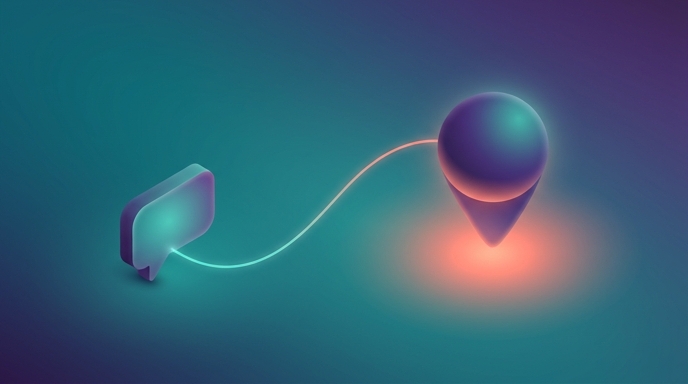 Abstract map-pin shape connected to a comment bubble, representing local business leads arriving through YouTube comments