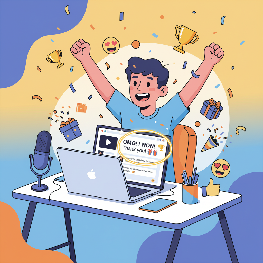 YouTube creator celebrating giveaway winner selection with confetti and excited audience comments