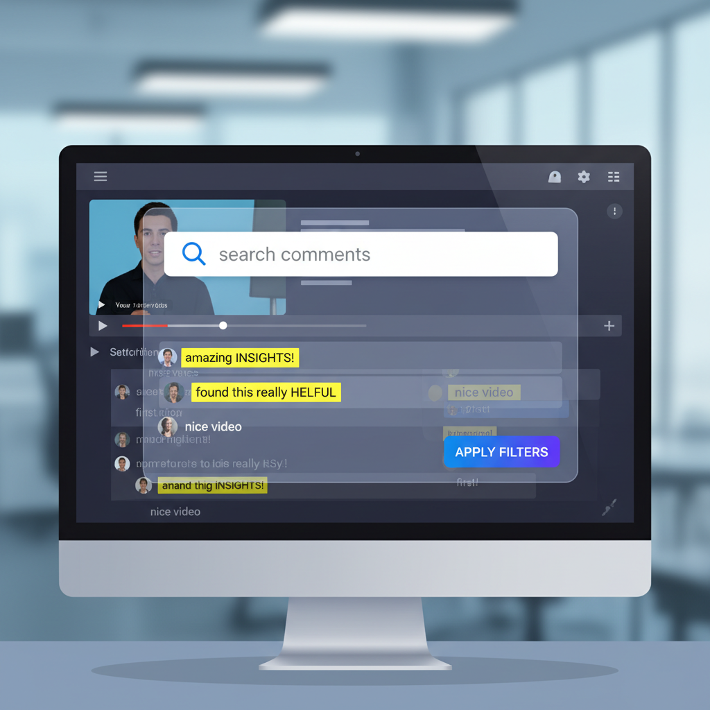 YouTube comment search interface with search bar and filtered results highlighting specific keywords