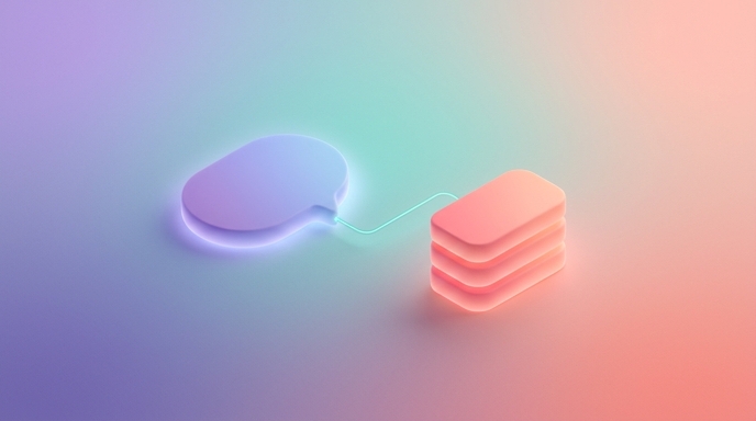 Abstract shapes showing a comment bubble flowing into a stack of rounded rectangles representing a course