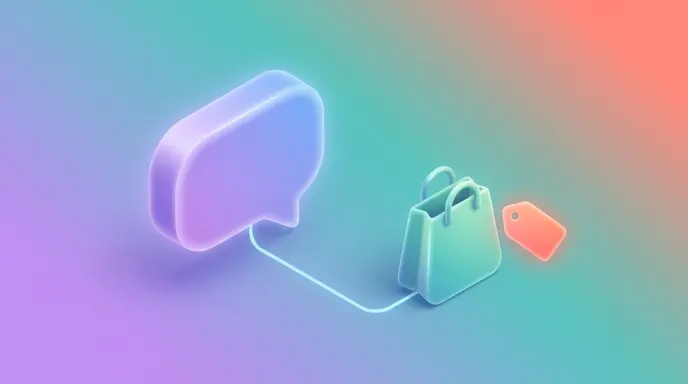 Abstract shapes showing a comment bubble flowing into a shopping-bag icon representing a product purchase