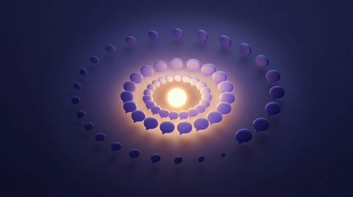 Many small comment bubbles spiraling toward a glowing center point, representing the volume of personal comments on spiritual channels