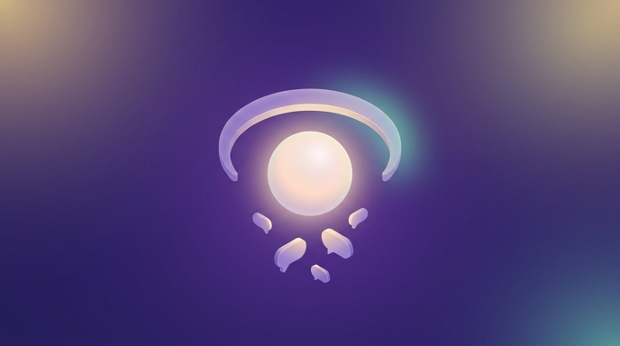Abstract glowing orb sheltered by a curved shield shape above a field of small comment bubbles, representing a protected spiritual community