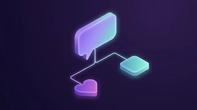 A comment bubble splitting into two paths, one toward a glowing heart shape and one toward a calendar square, representing guidance versus booking replies