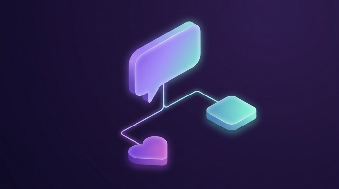 A comment bubble splitting into two paths, one toward a glowing heart shape and one toward a calendar square, representing guidance versus booking replies