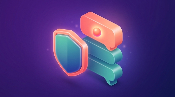 Abstract geometric shield protecting a stack of comment shapes that carry a small brand orb