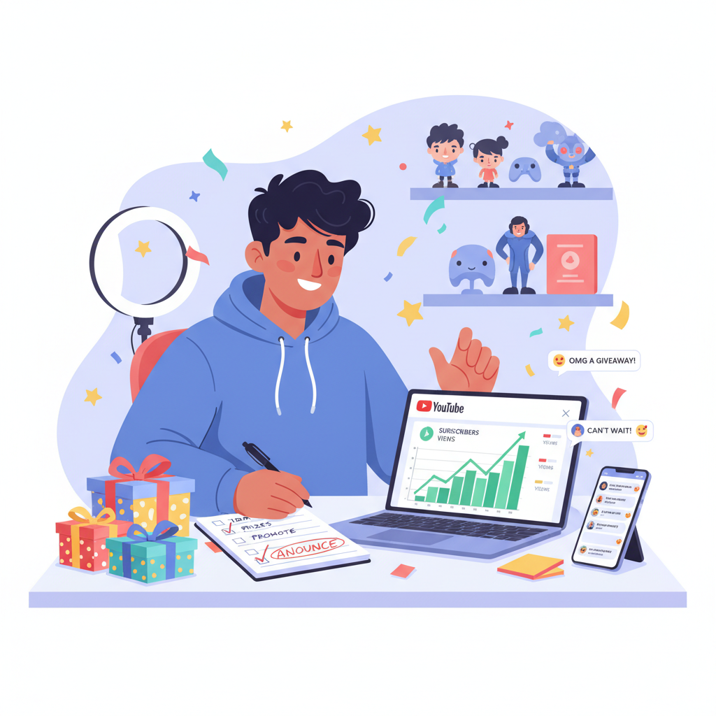 YouTube creator planning giveaway with prizes, rules checklist, and engaged audience comments