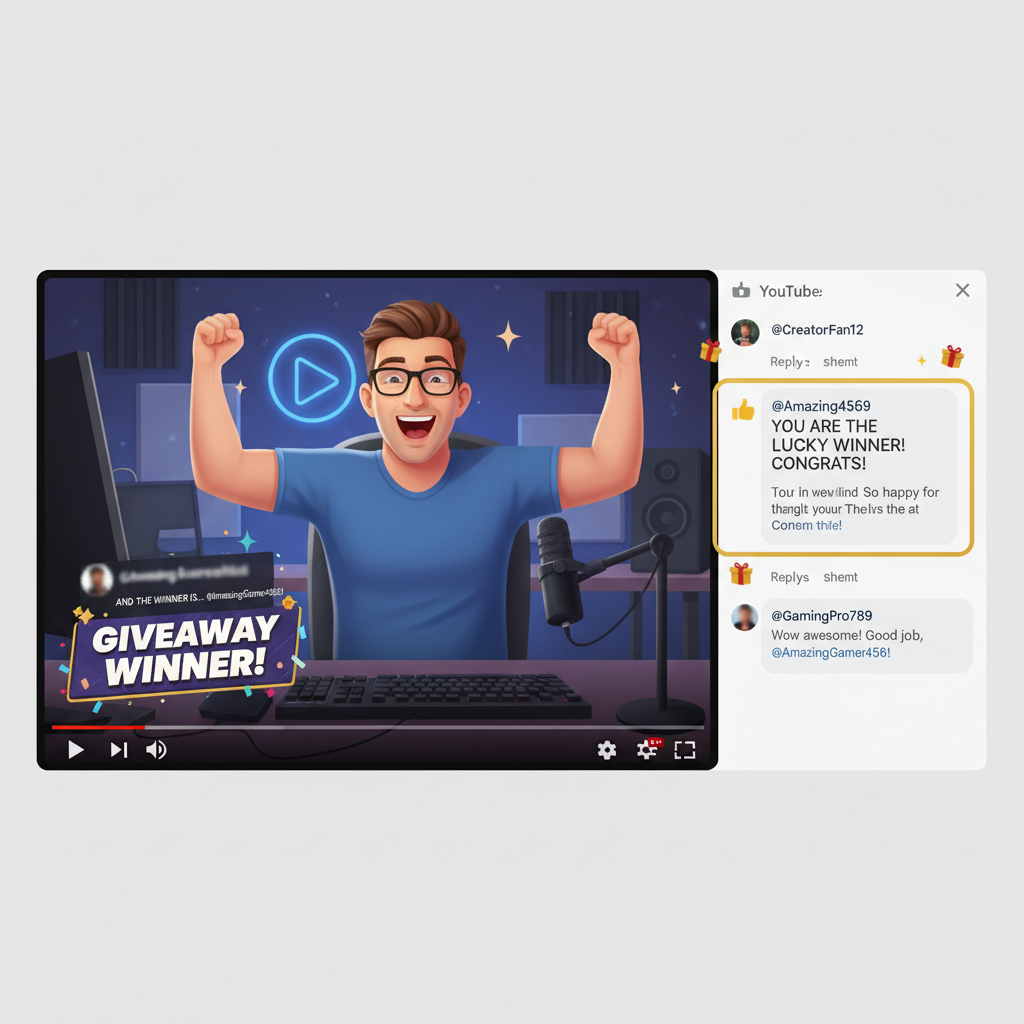 YouTube creator announcing giveaway winner in video with comment section visible