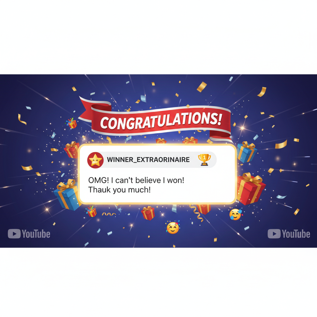 YouTube winner announcement with confetti and celebration graphics