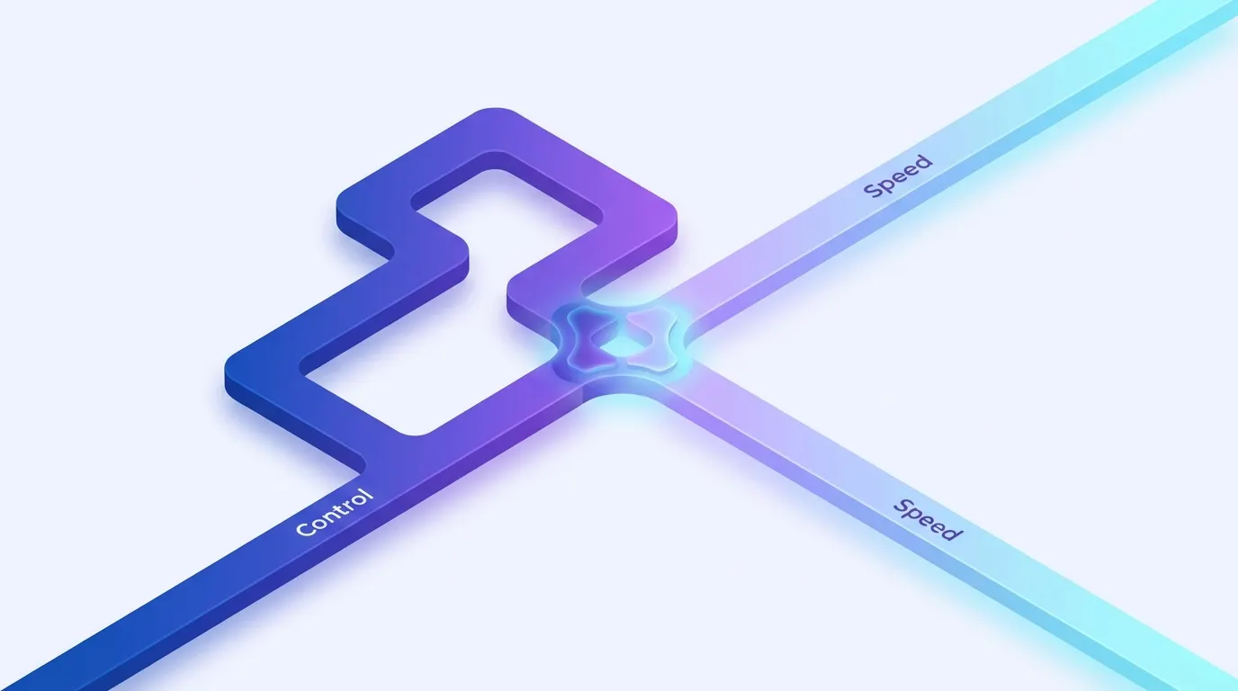 Two abstract paths, one flowing straight through and one passing through a checkpoint gate, representing autonomous versus approval-queue comment automation