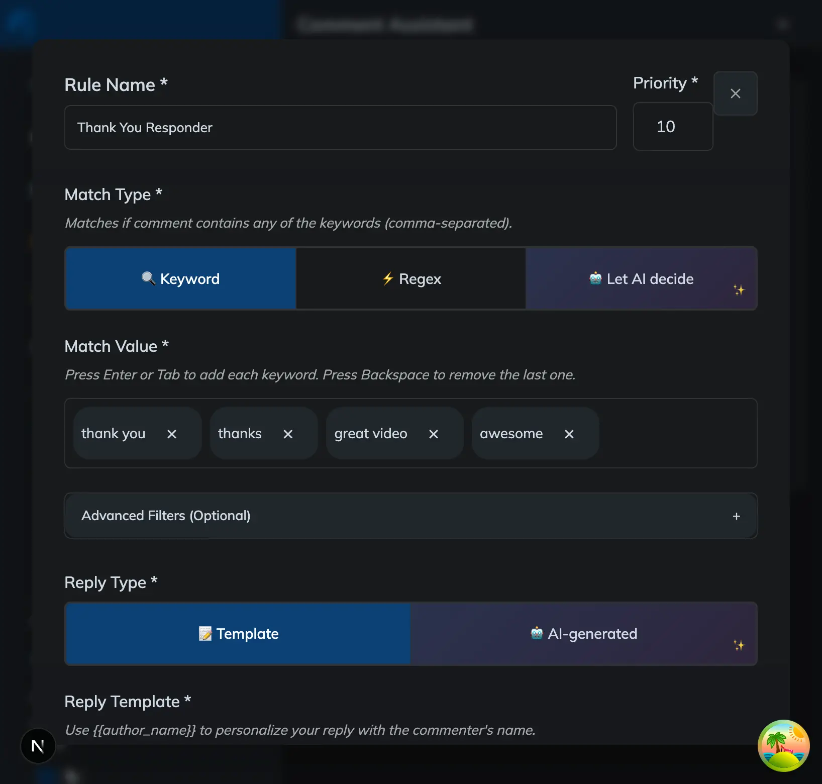 CommentShark rule builder showing keyword, AI, and regex triggers feeding a YouTube auto reply
