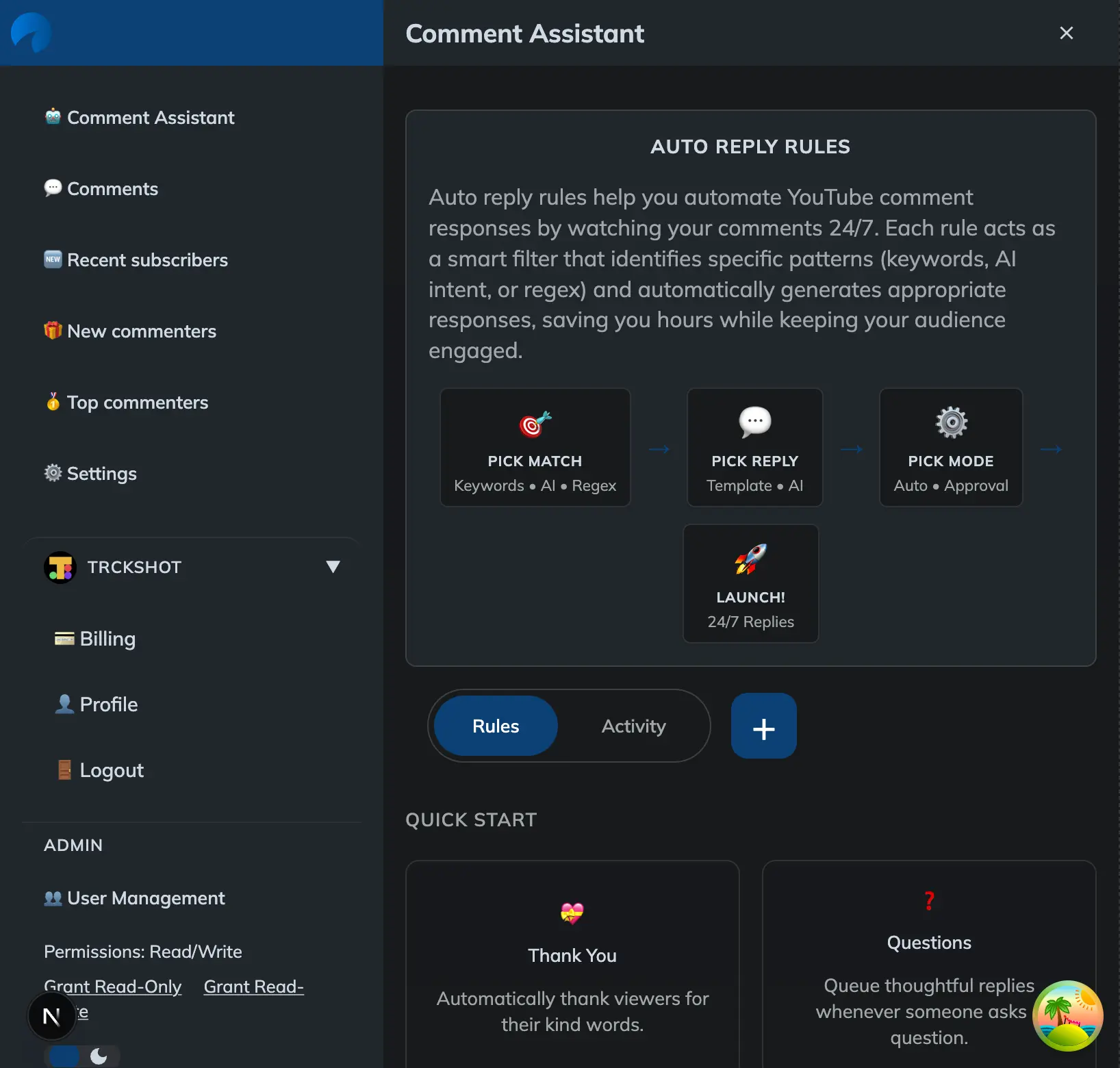 Flowchart of YouTube comment triggers branching into different automated replies and approval modes