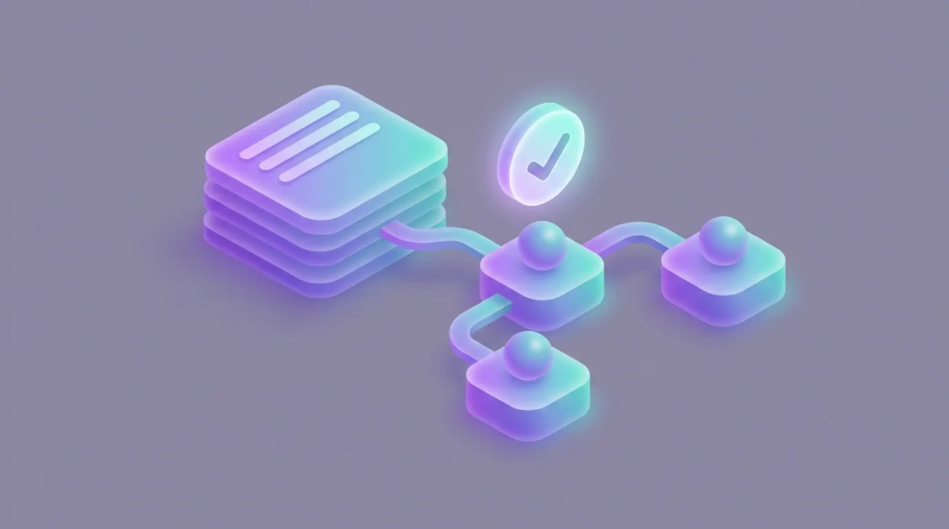 Isometric rule cards and reply nodes representing YouTube auto-reply strategy