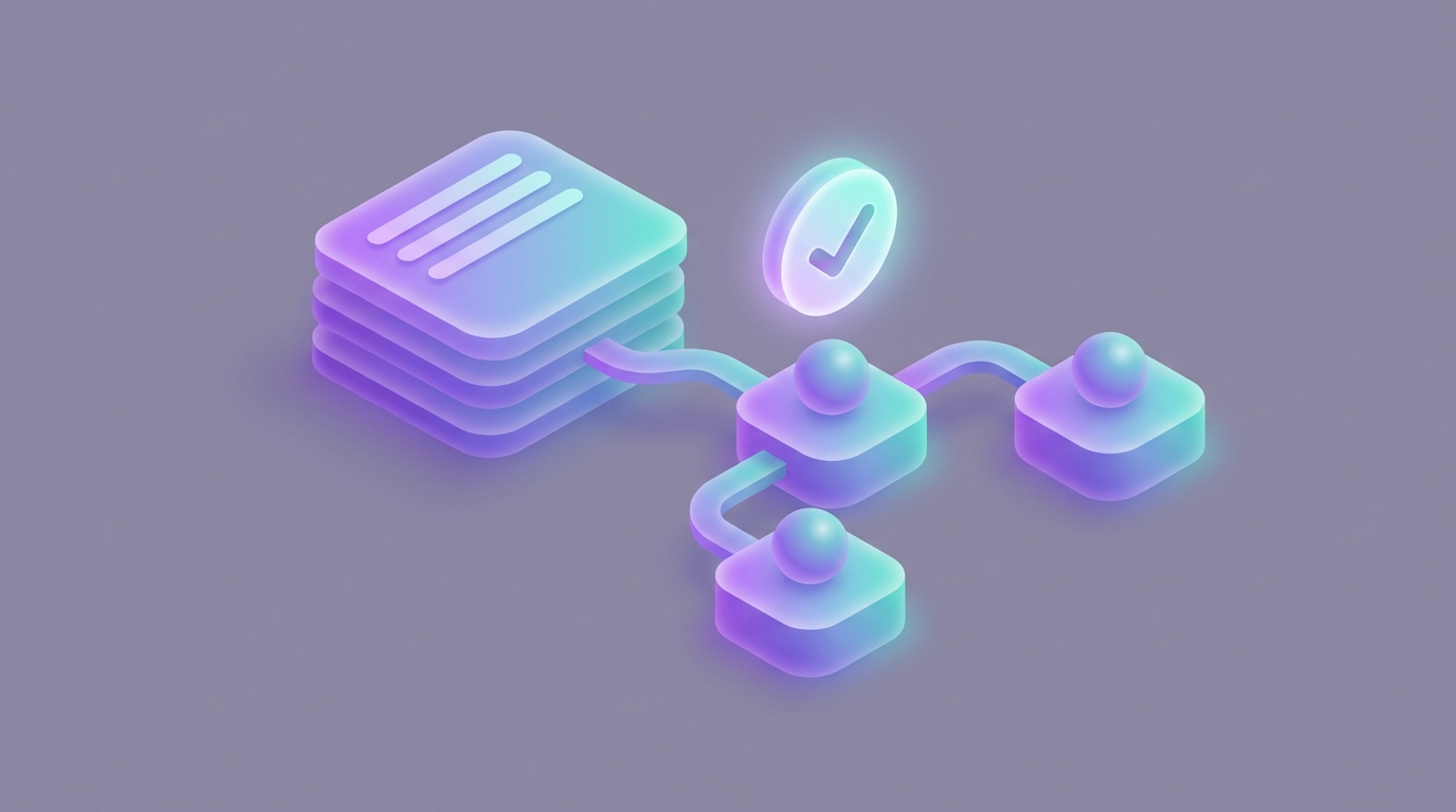 Isometric rule cards and reply nodes representing YouTube auto-reply strategy