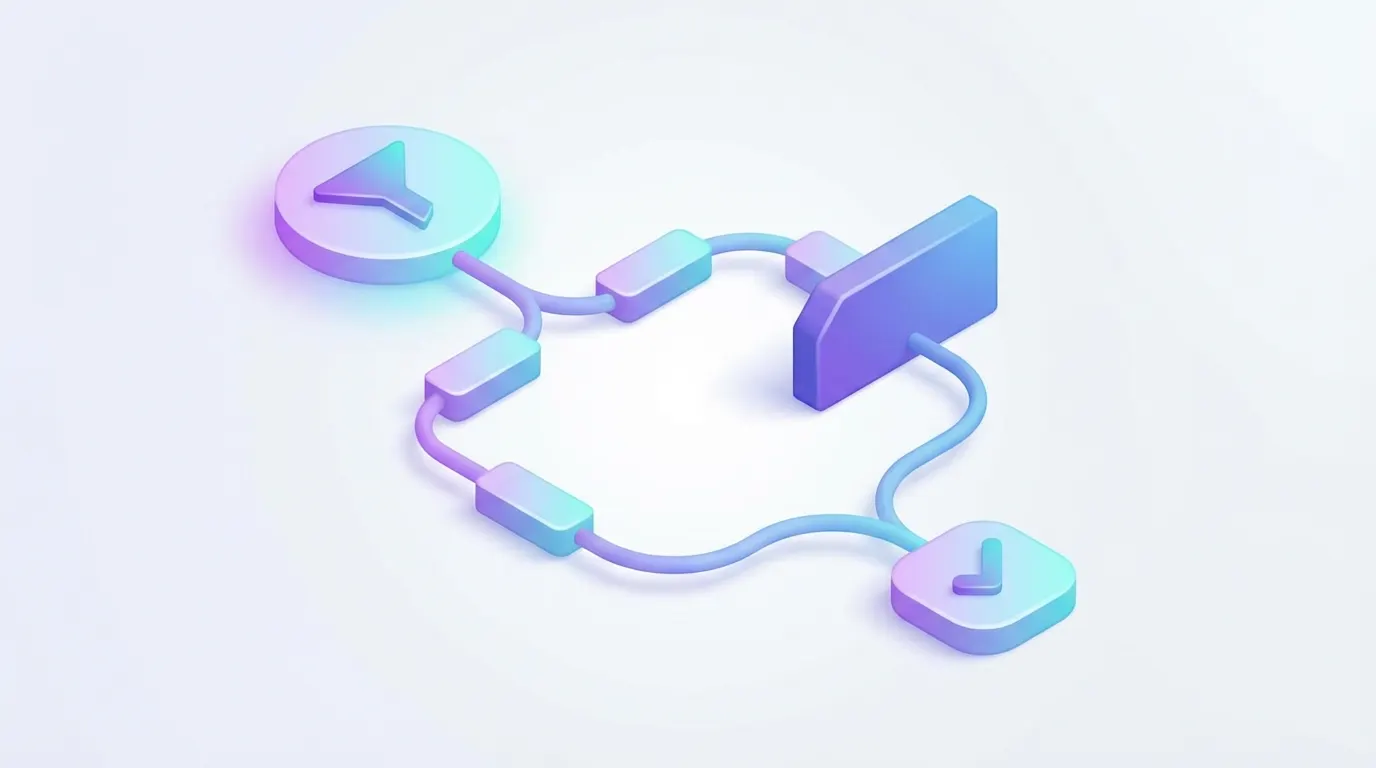 Isometric moderation workflow branching blocked words and AI review paths