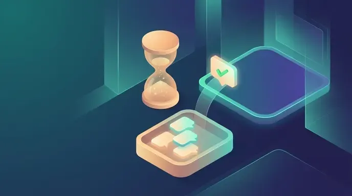Comment bubbles waiting in a holding tray beside an hourglass, with one approved bubble lifting out