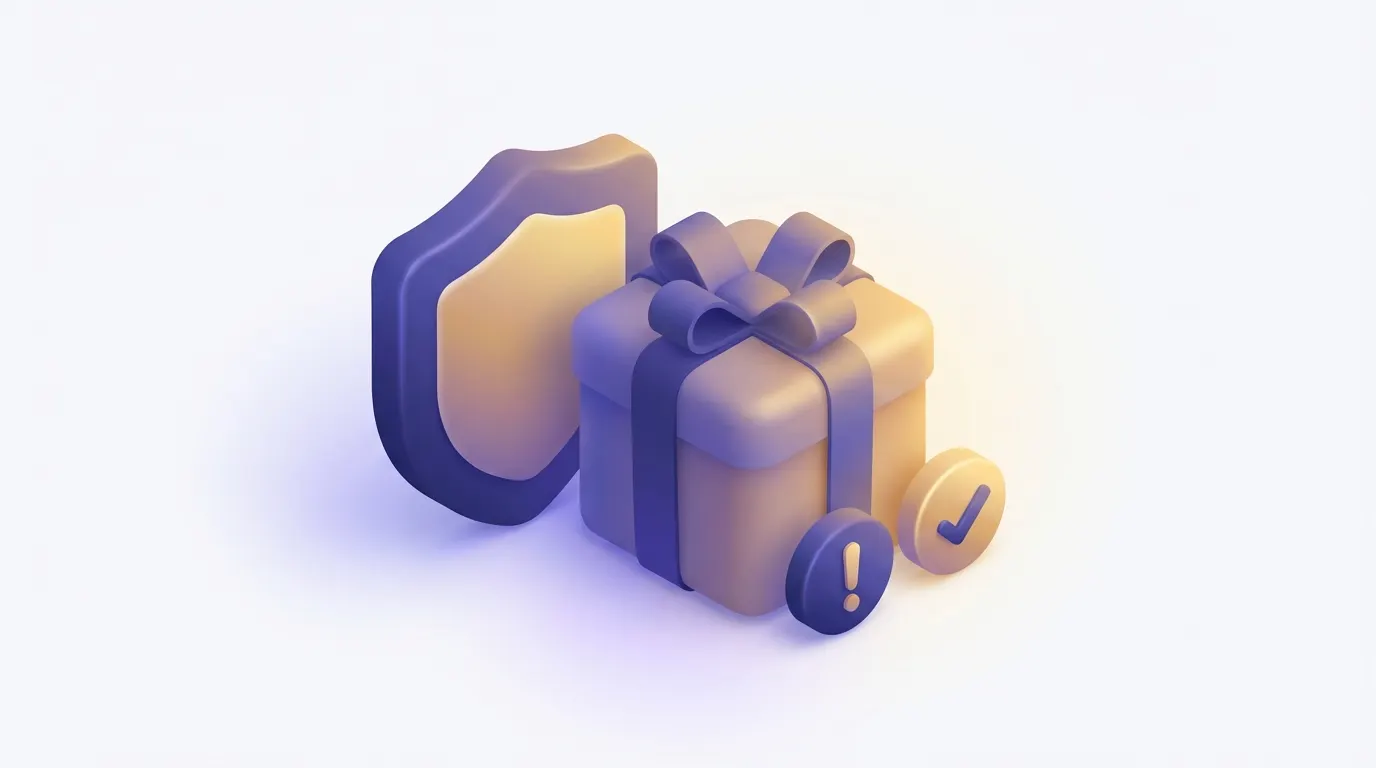 Isometric shield and gift icon representing YouTube giveaway fraud prevention