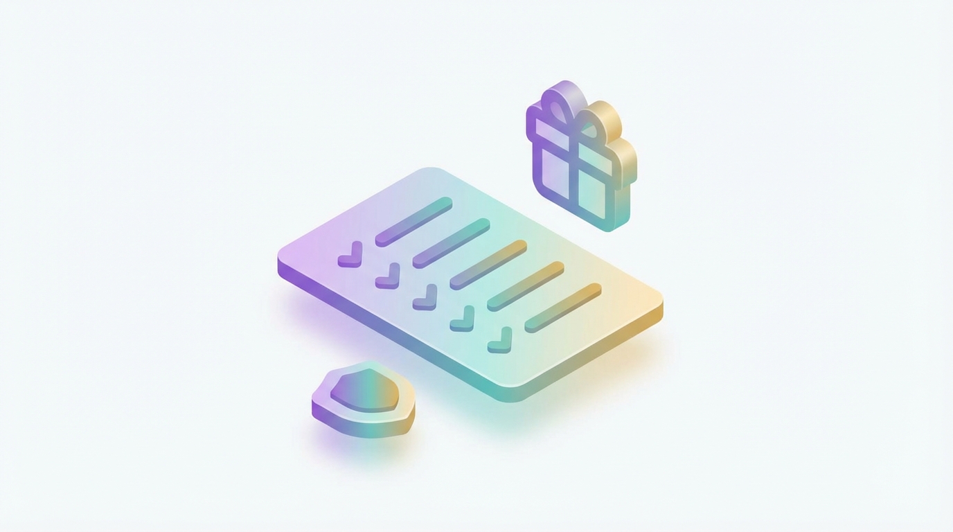 3D isometric checklist card and gift icon representing YouTube giveaway rules compliance