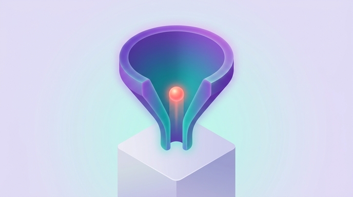 Abstract funnel shape narrowing downward with a small glowing circle traveling through it, representing a viewer becoming a customer