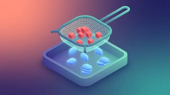 A mesh sieve catching red spam cubes while blue comment bubbles pass through into a tray
