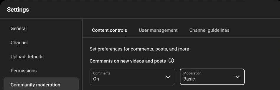 YouTube Studio Settings: Community moderation, Content controls, and Comments on new videos and posts
