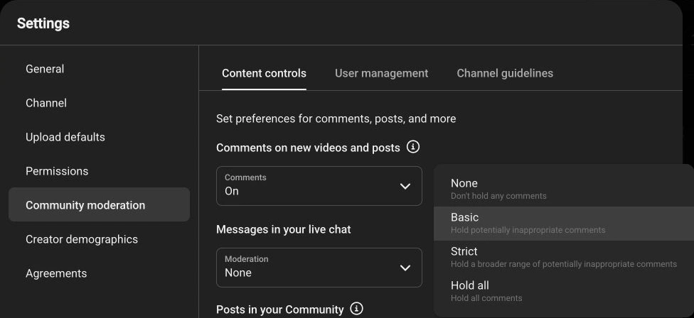 YouTube Studio moderation menu showing None, Basic, Strict, and Hold all, with Basic selected