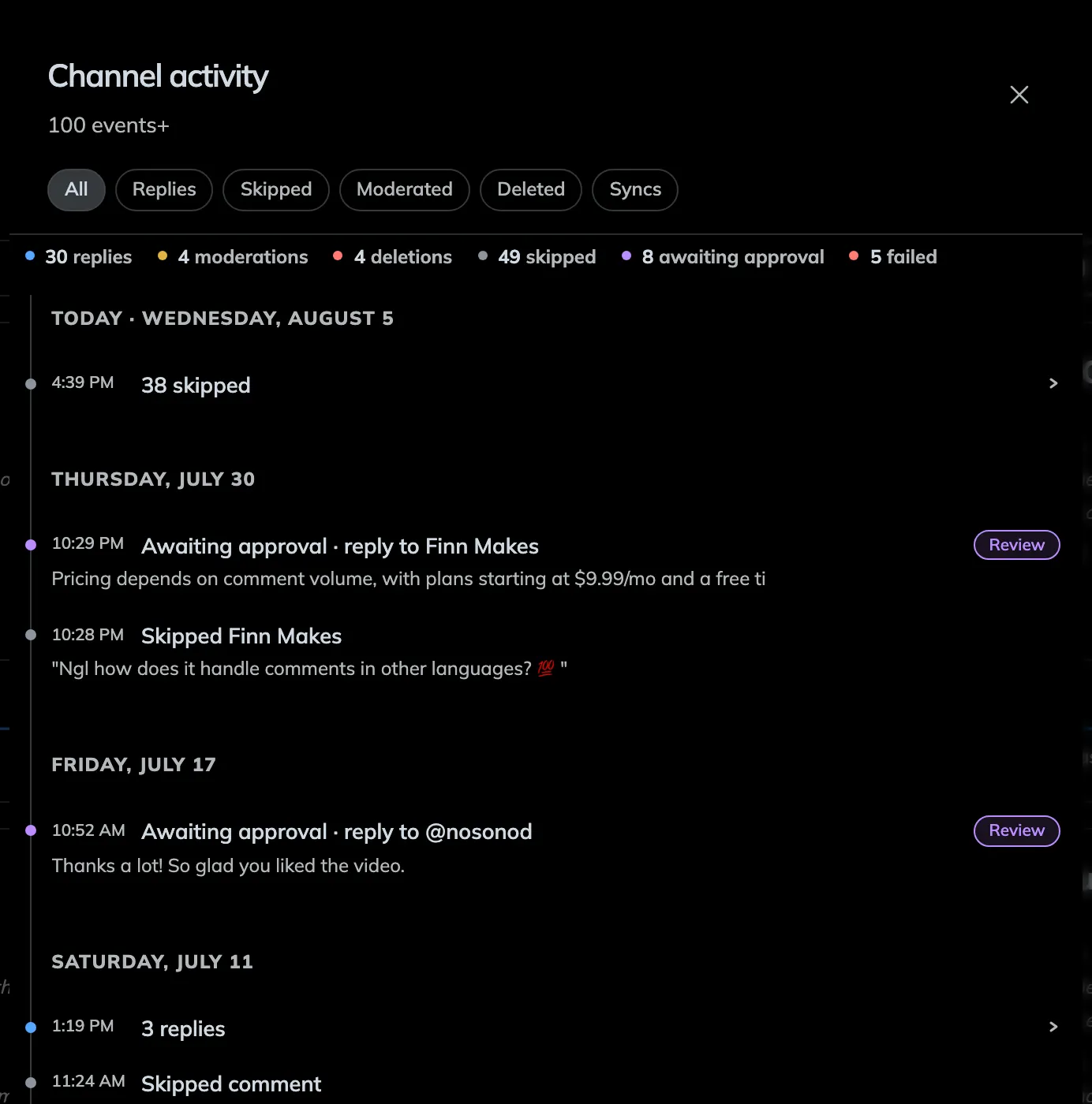 The activity feed listing comments, the rules that matched them, and the resulting actions