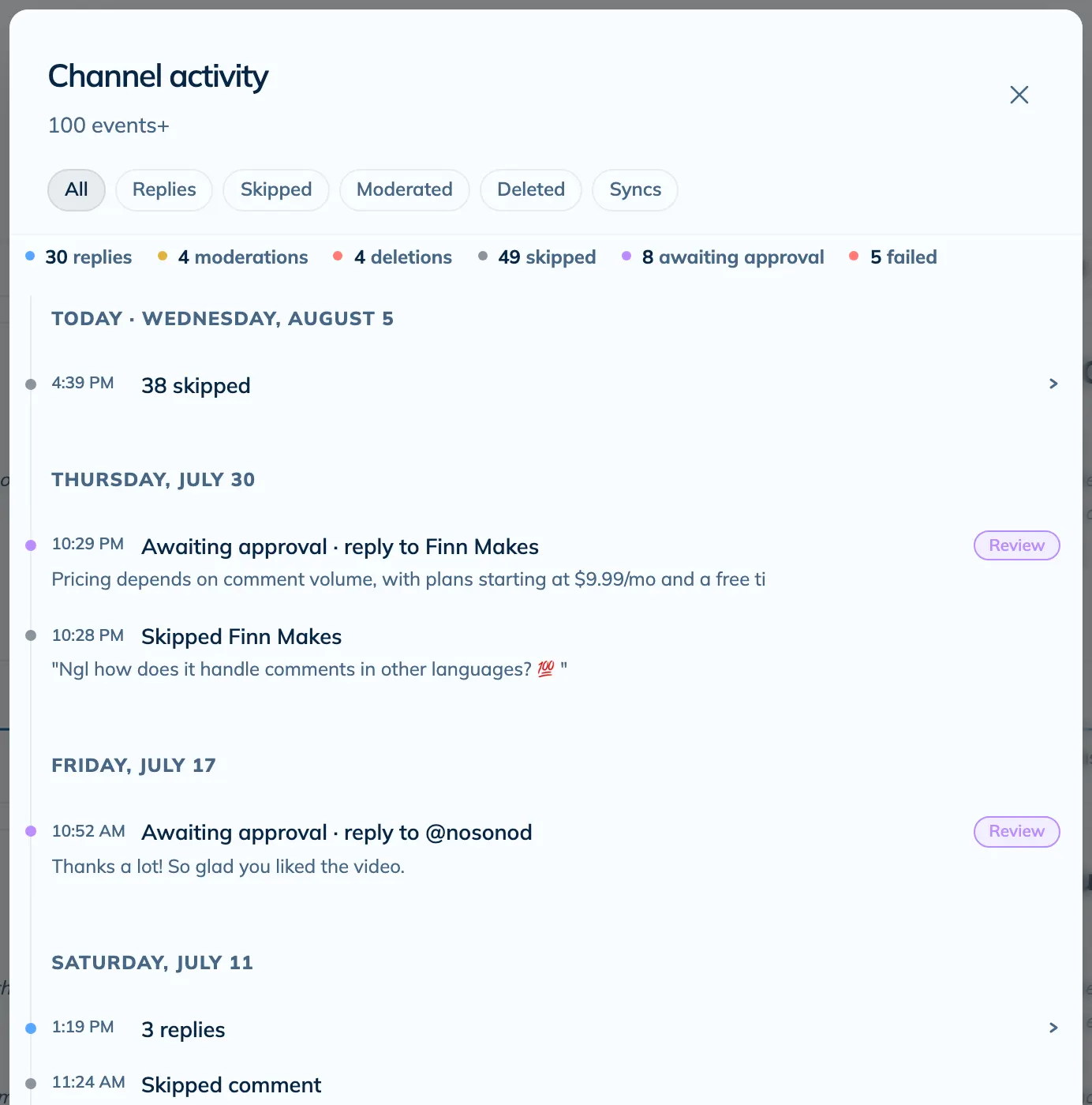 The activity feed listing comments, the rules that matched them, and the resulting actions