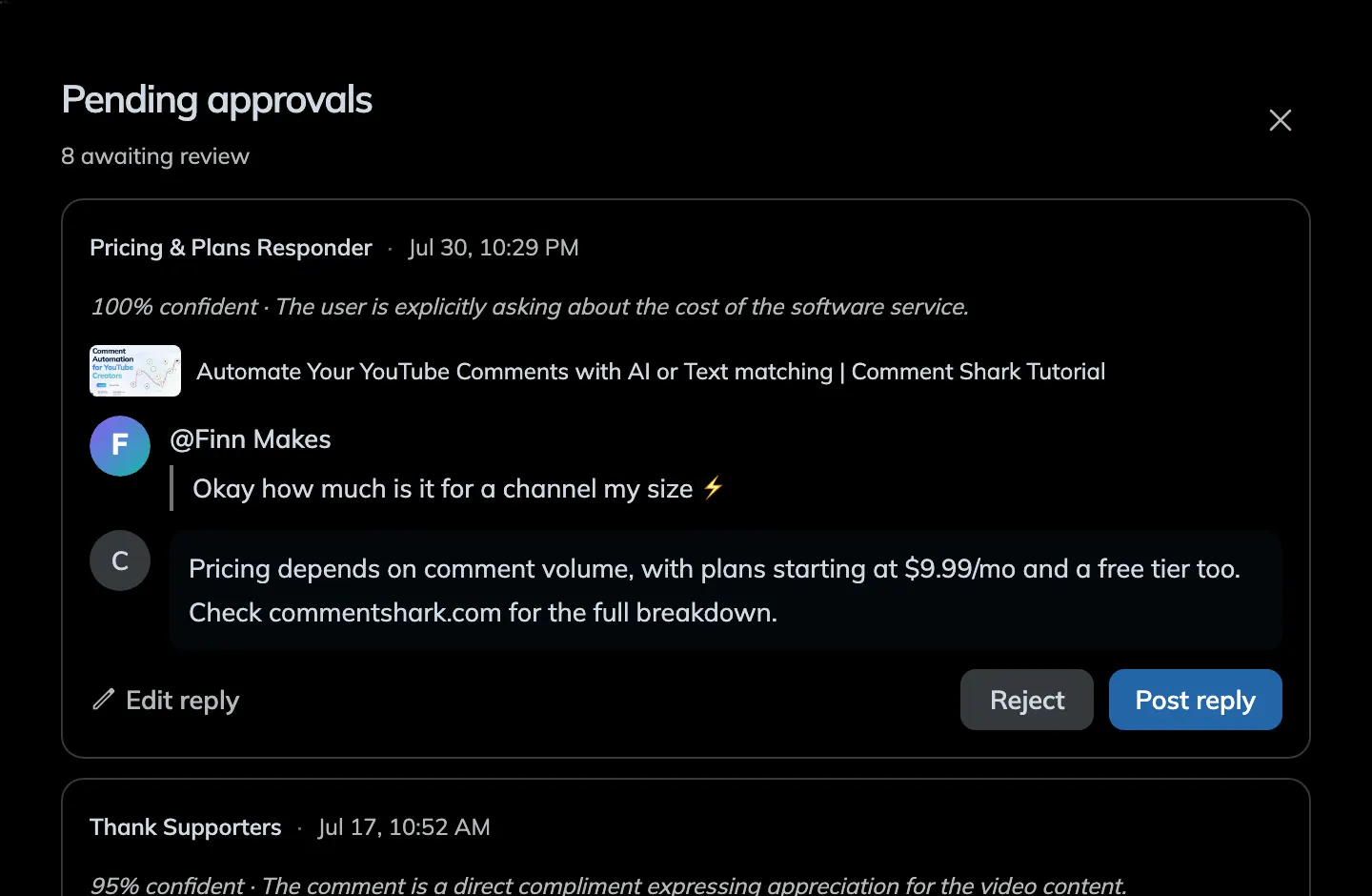 The pending approvals review modal showing a comment, a drafted reply, and approve and reject buttons