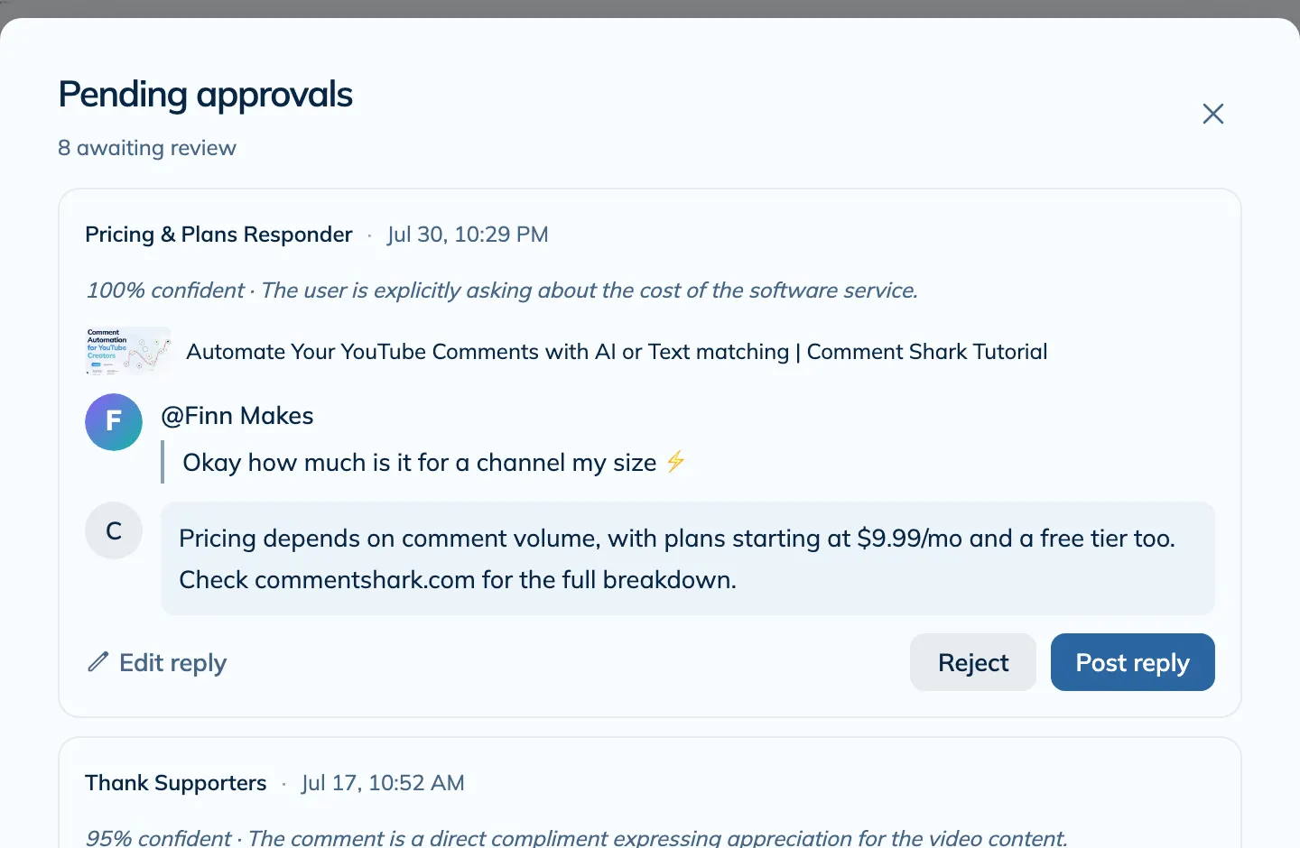 The pending approvals review modal showing a comment, a drafted reply, and approve and reject buttons