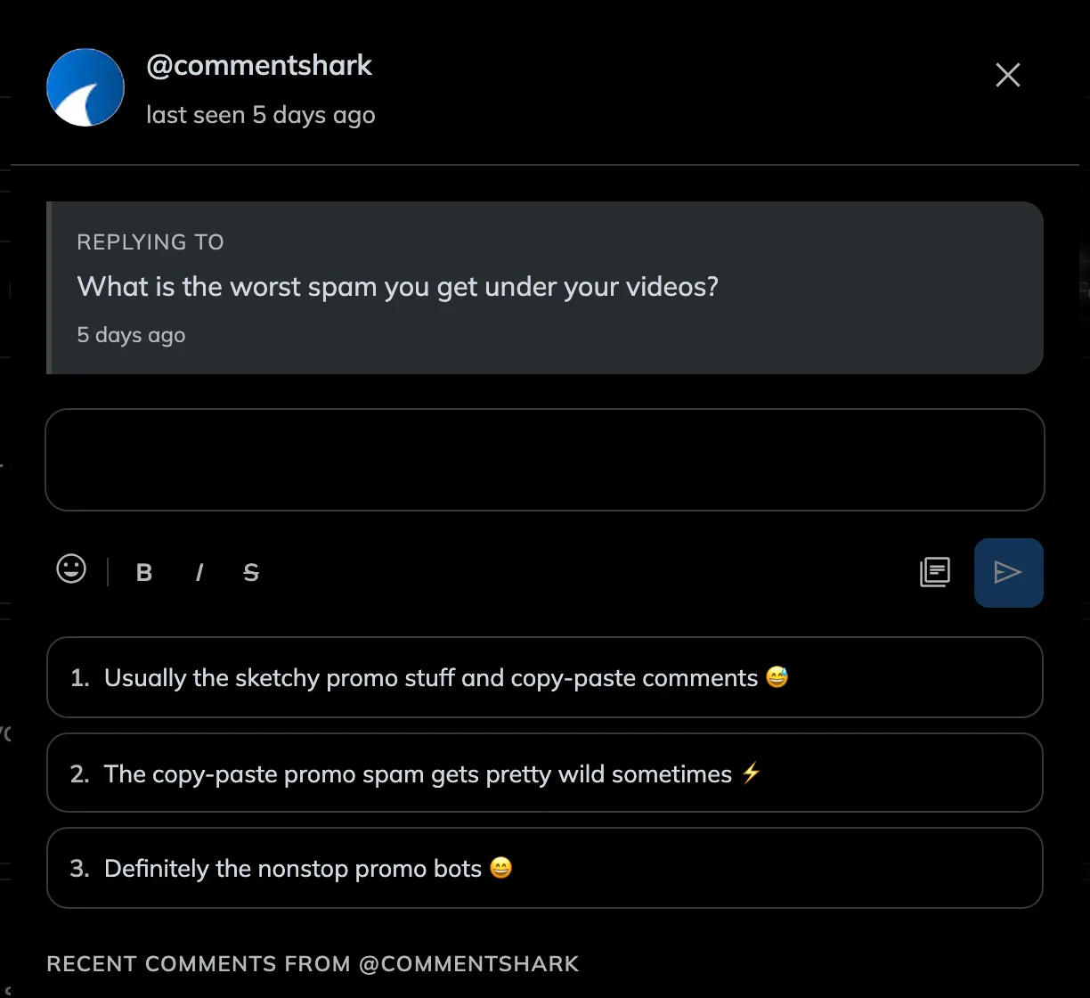 A comment in the Comments tab with the reply box open