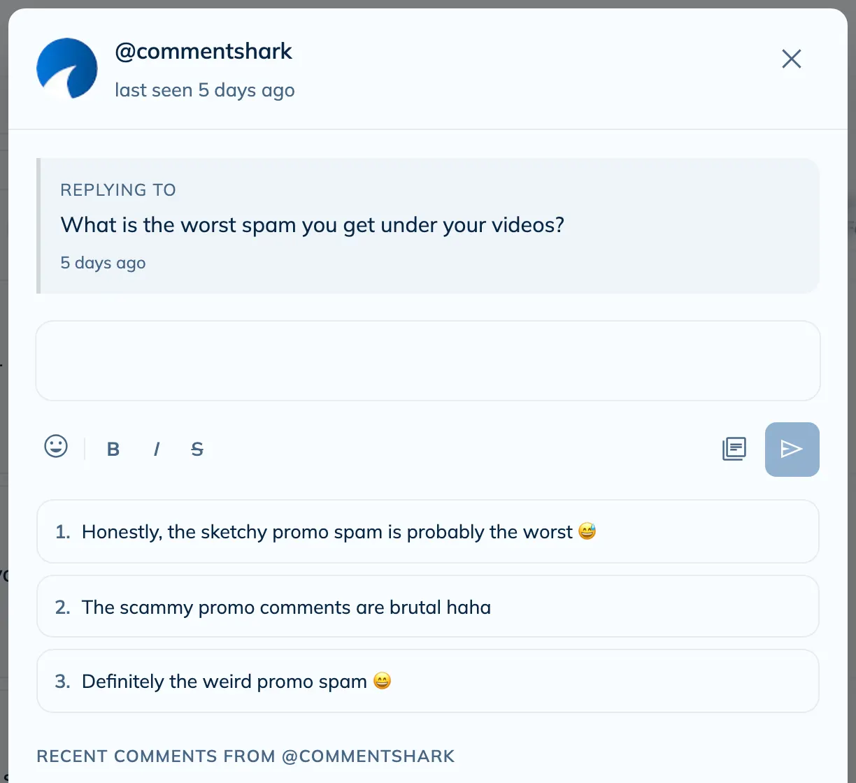 A comment in the Comments tab with the reply box open