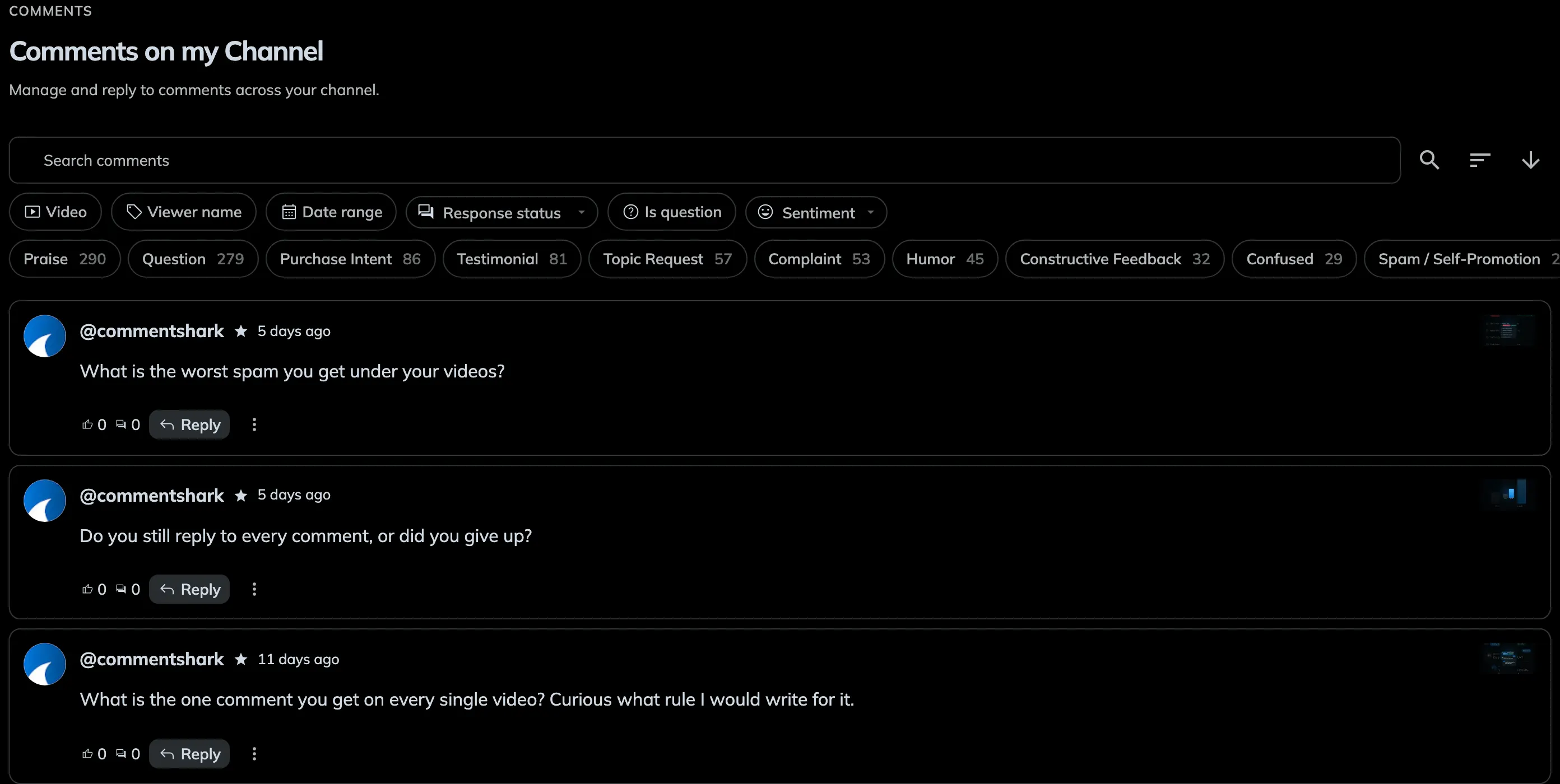 The Comments tab of the CommentShark dashboard listing recent YouTube comments