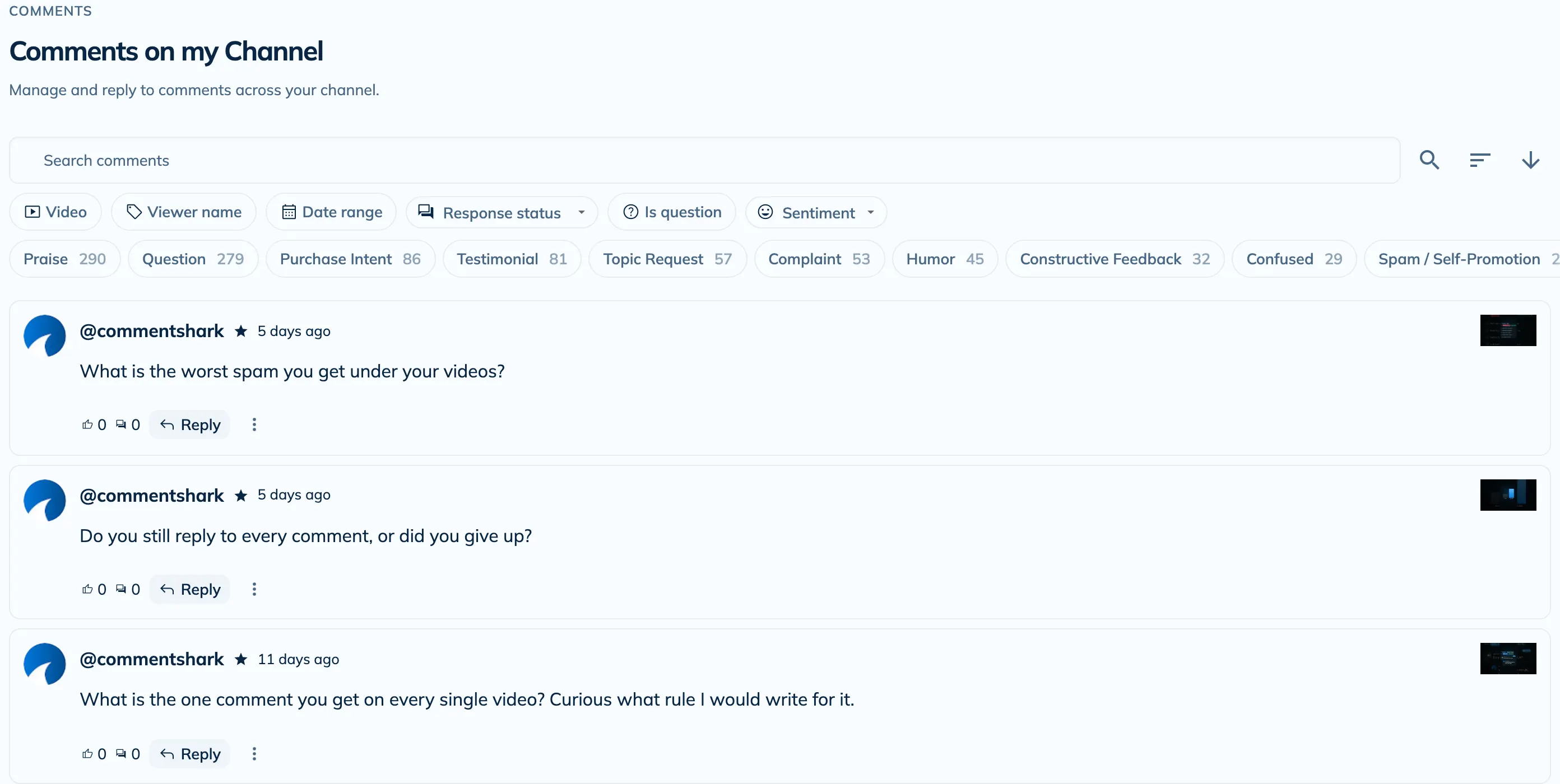 The Comments tab of the CommentShark dashboard listing recent YouTube comments