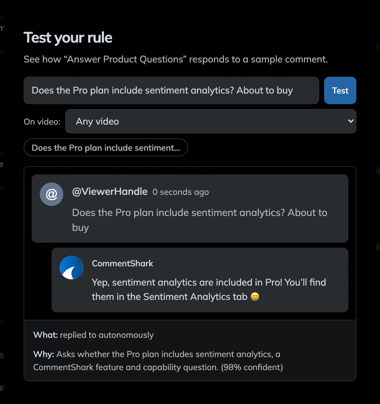 The rule tester showing a test comment, a match verdict, and the generated reply