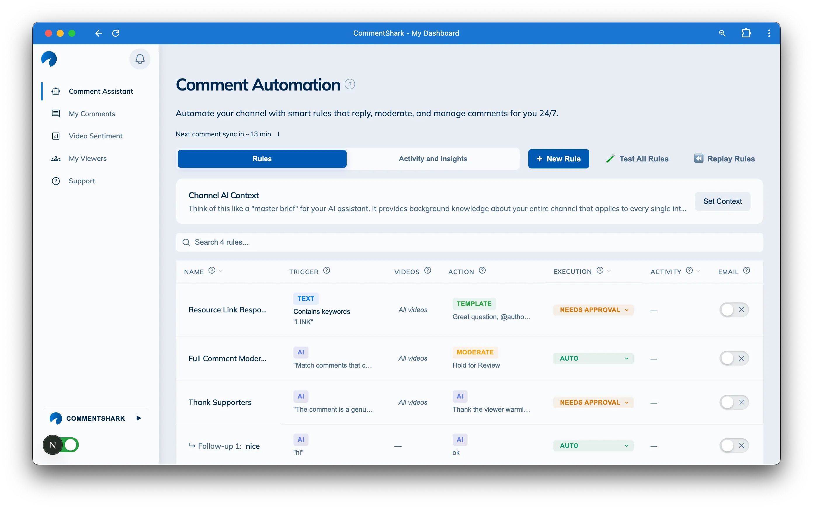 CommentShark comment automation rules dashboard